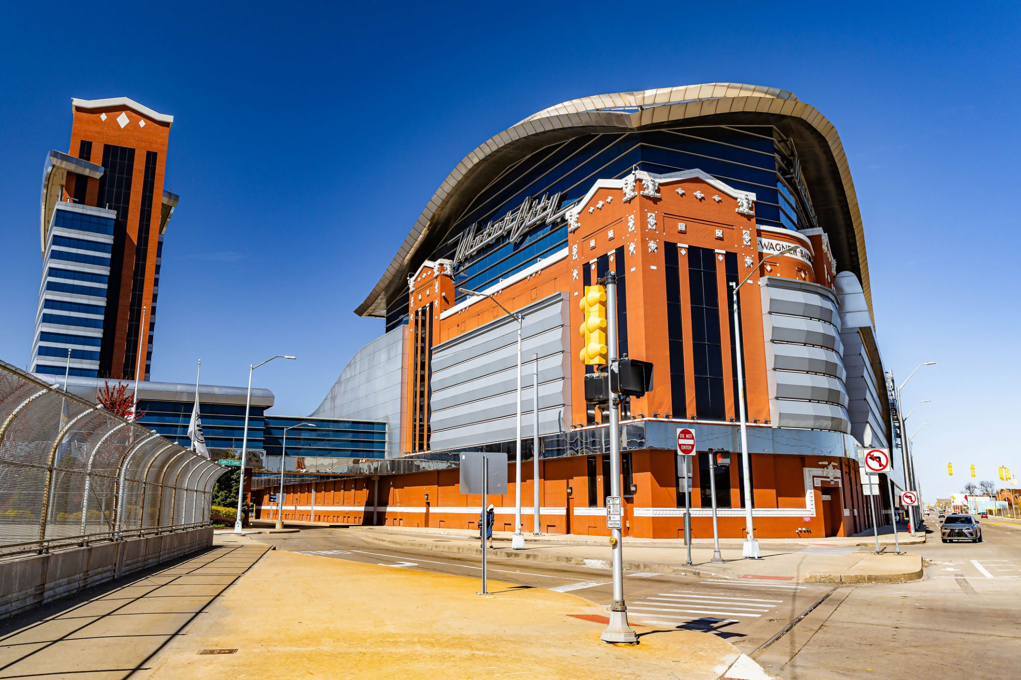 Detroit, MI, USA - 04-22-2025: Photo showcasing the impressive exterior of the Motor City Casino building in downtown Detroit, Michigan.